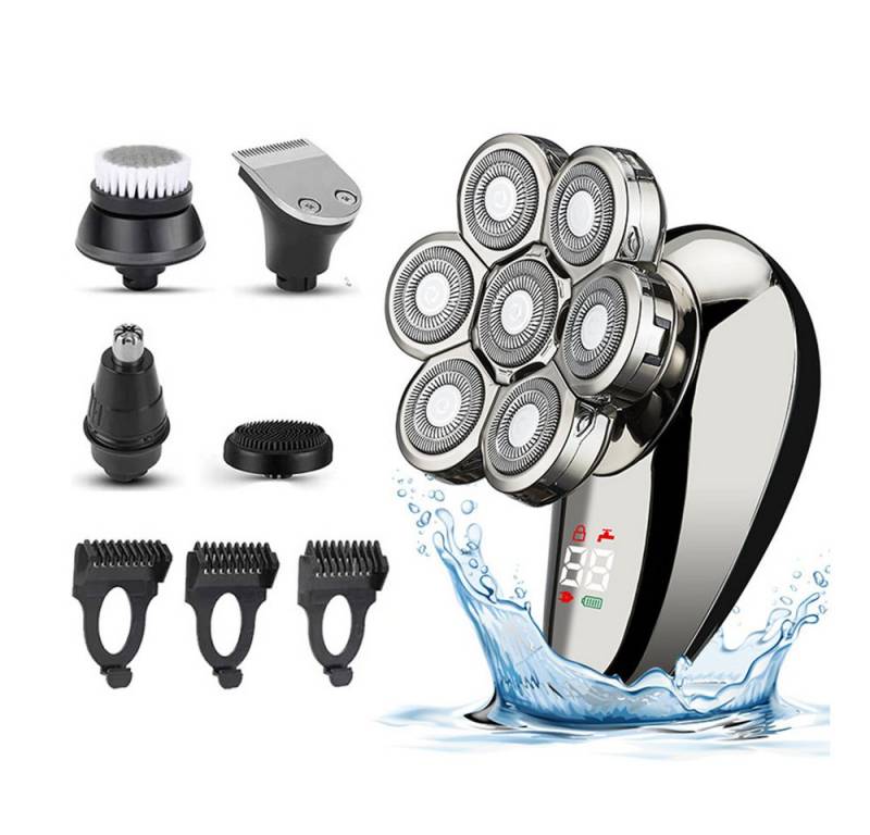 BlingBin Elektrorasierer Rasierer Herren elektrisch 7 in 1 Kopfrasierer für mit Glatze, Aufsätze: 8, mit 7 Rotierende Scherköpfe, Bart Nasenhaar Trimmer Pflege Kit mit LCD Anzeige von BlingBin