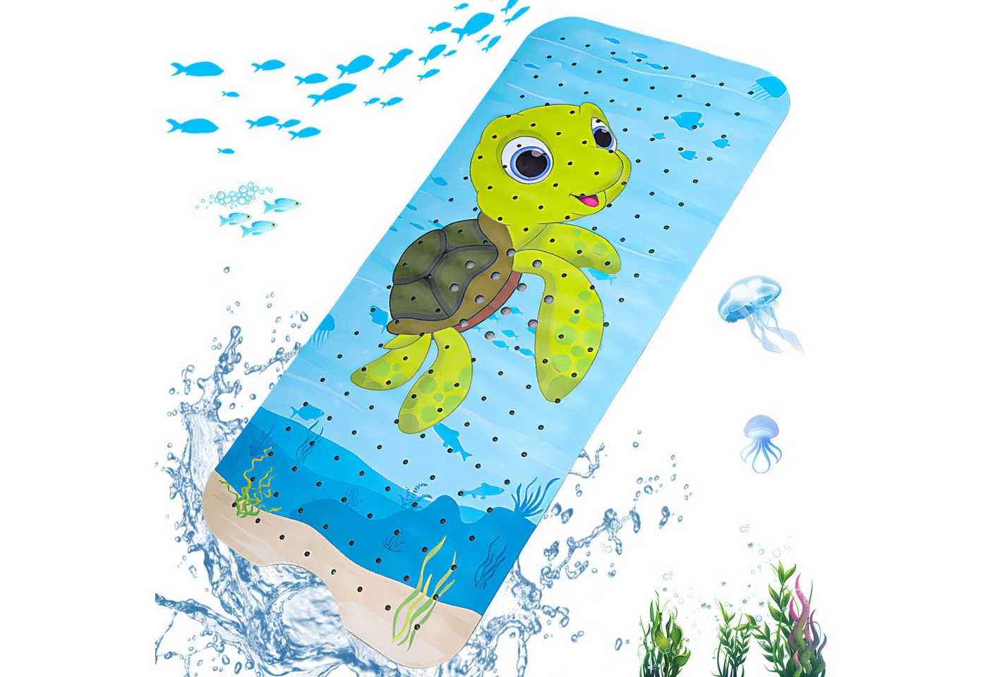 BlingBin Wanneneinlage Badewannenmatte rutschfest 100x40cm Badematte, B: 40 cm, L: 100 cm, 1er Set, 1-tlg., mit Saugnäpfen und Abflusslöchern, Duschmatte Maschinenwaschbar, Anti-Schimmel, Schildkröten-Motiv von BlingBin