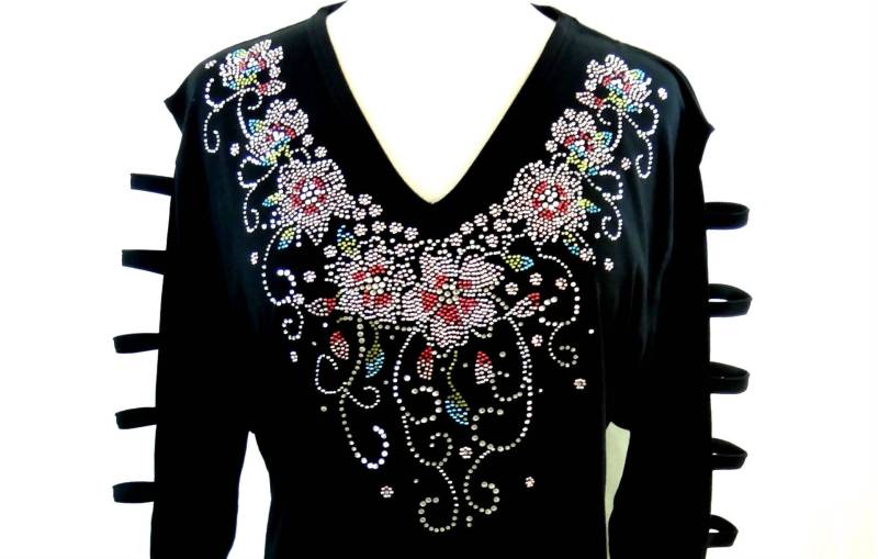Hand Verzierte A-Linie-Leiter-Ärmel-Tunika-Top Strass Schöne Cascading Pink-Blumen-Design-Top-Größen S Bis 3x von BlingBlingFashions