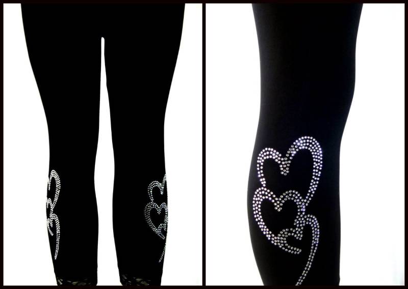 Normale Größe Capri Länge Spitze Oder Schlichte Cuff Leggings Verziert Strass Trio Of Hearts Design von BlingBlingFashions