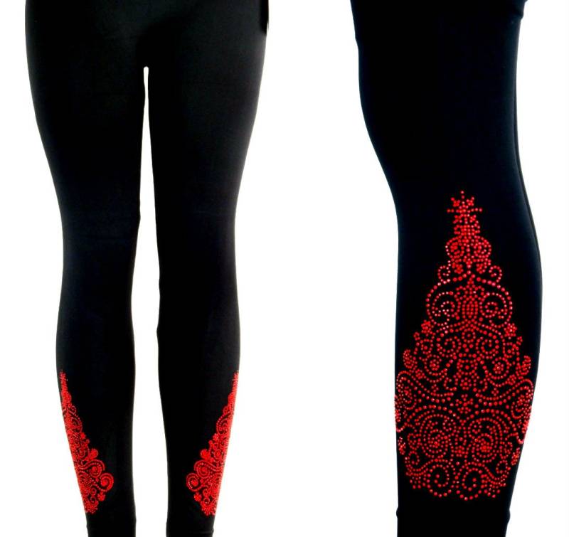 Normale Größe Volle Länge Leggings Verschönert Alle Strass Irisierende, Rote Oder Grüne Paisley Weihnachtsbaum Design von BlingBlingFashions