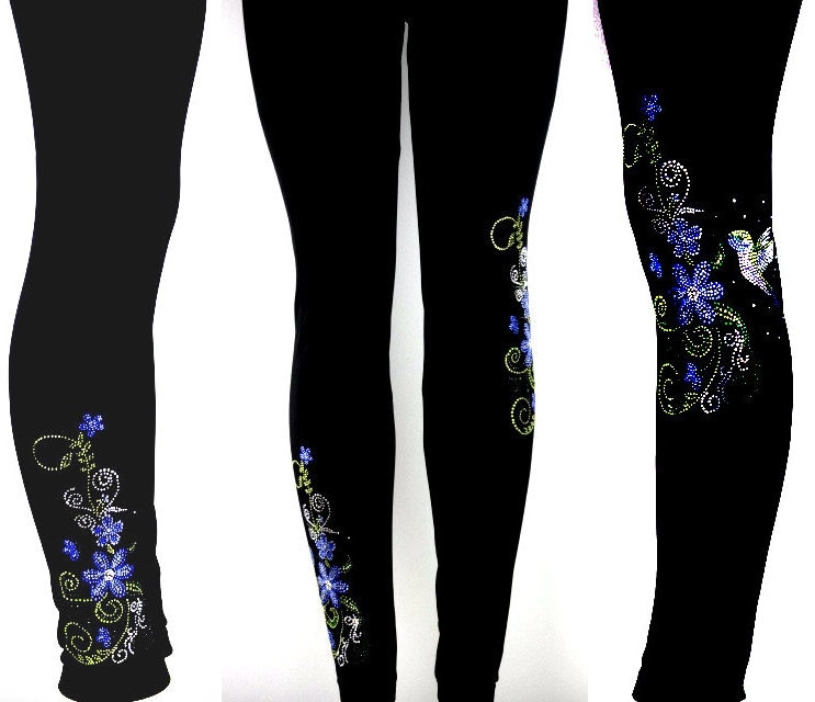 Normale Größe Volle Länge Leggings Verschönert Strass Und Glänzender Ohrstecker Blau Kolibri Swirl Floral Design von BlingBlingFashions