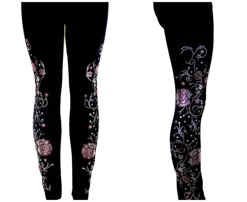 Normale Größe Volle Länge Leggings Verzierung Strass Trailing Pink & Kristall Rosen Und Weinranken Design von BlingBlingFashions