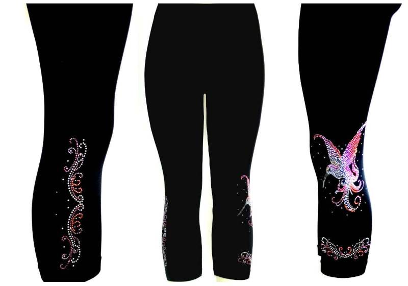 Plus Größe Capri Länge Leggings Verziert Strass Frühling-Ostern-Rosa Kolibri-Wirbel-Design von BlingBlingFashions
