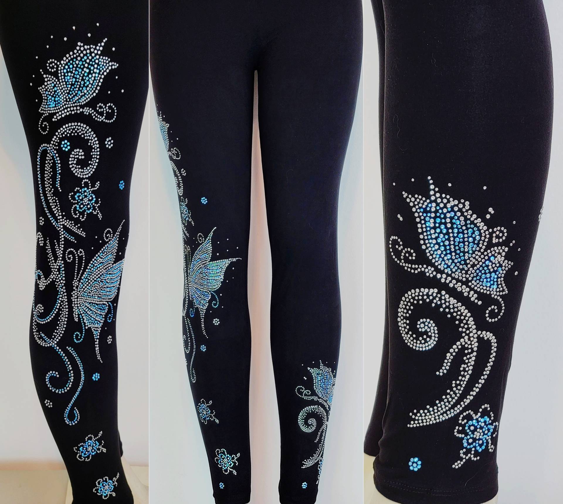 Plus Größe Ganzkörper-Leggings Verziert Blau & Kristall Strass Schmetterling Swirl Blumenmuster von BlingBlingFashions