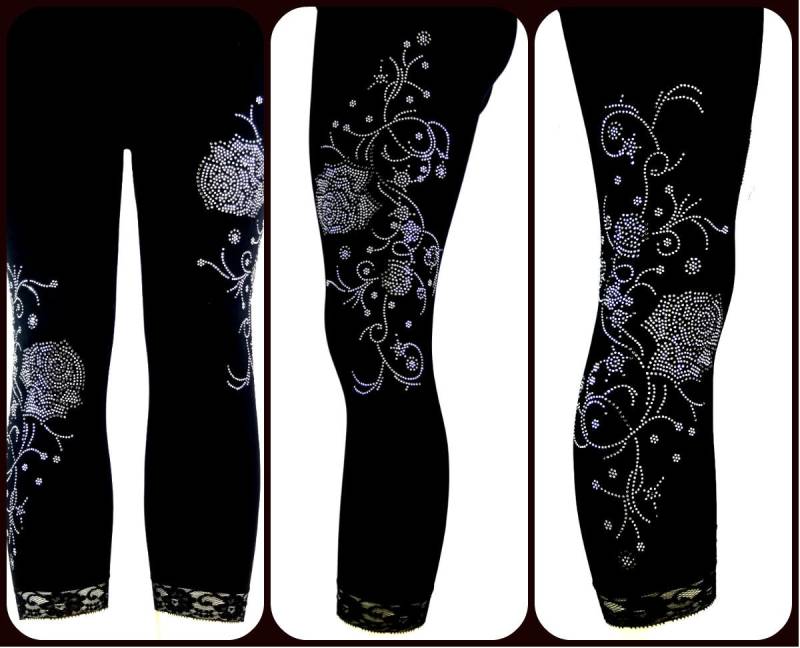 Plus Size Capri Länge Leggings Verschönert Strass Silber Grau Rosen Und Crystal Vines Plus Size Capri Länge Leggings Verschönert Strass Silber Grau Rosen Und Crystal Vines von BlingBlingFashions
