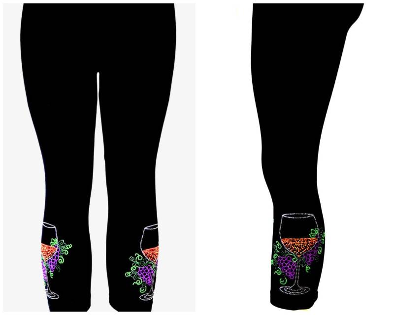 Plus Size Capri Länge Leggings Verzierung Strass Und Ohrstecker Weinglas & Trauben Design von BlingBlingFashions