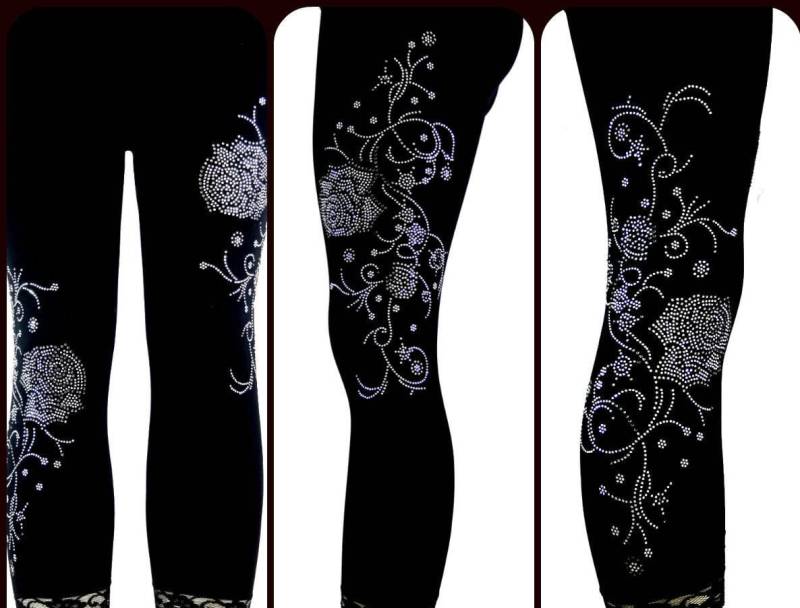 Regelmäßige Größe Capri Länge Leggings Verziert, Strass Silber Grau Rosen Und Kristall-Reben Regelmäßige Größe Capri Länge Leggings Verziert, Strass Silber Grau Rosen Und Kristall-Reben von BlingBlingFashions