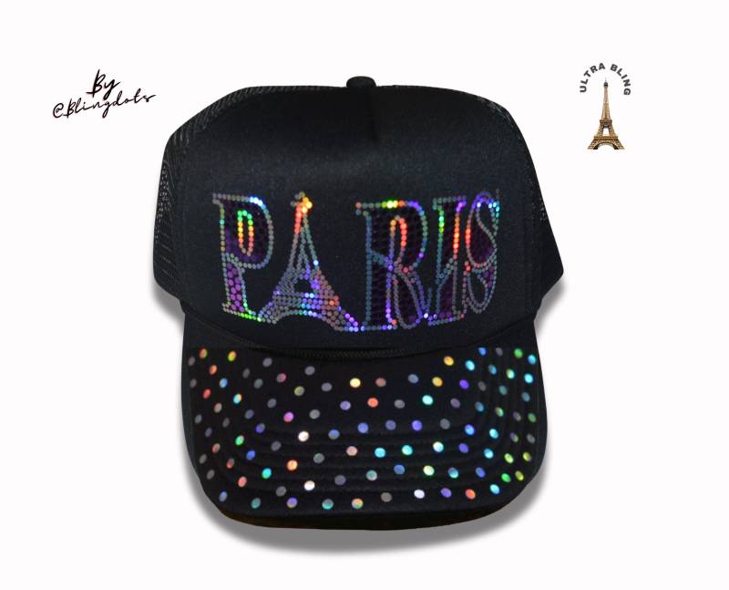 Paris Pailletten Trucker Hat Ultra-Bling Mesh Snapback Cap Mit Eiffelturm Glitzernden Design Verstellbar City Pride Fashion von BlingDots