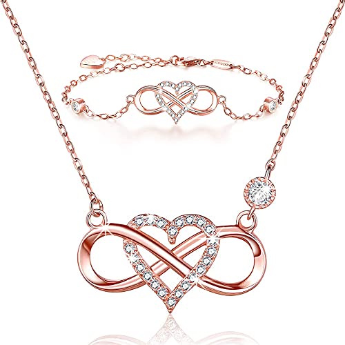 BlingGem Damen Schmuck-Set aus Rosegold vergoldet 925 Sterling Silber Zirkonia Infinity Unendlichkeit Herz Ketten und Armband Geschenk Frauen BlingGem Damen Schmuck-Set aus Rosegold vergoldet 925 Sterling Silber Zirkonia Infinity Unendlichkeit Herz Ketten und Armband Geschenk Frauen von BlingGem