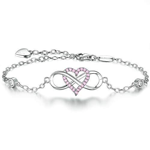 BlingGem Damen Armband Unendlichkeit Herz Weißgold vergoldet 925 Sterling Silber Rosa Zirkonia Bettelarmband Für Immer Zusammen Geschenk für Frauen von BlingGem