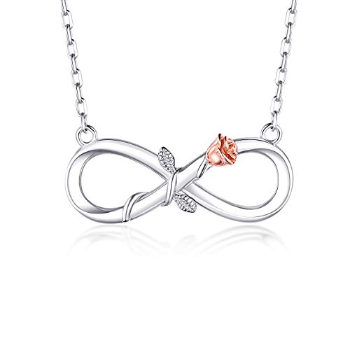 BlingGem Damen Kette Infinity aus Weißgold vergoldet 925 Sterling Silber Rose Unendlichkeit Halsketten Frauen Blume Anhänger Silberkette Einstellbar Geschenk von BlingGem