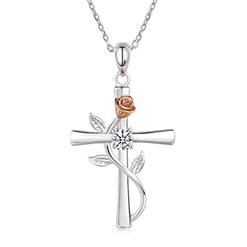 BlingGem Kette Damen 925 Sterling Silber mit Rundschliff Zirkonia Kreuz Rosen-Blume Anhänger Halskette Frauen Geschenk zum Dame,48 cm BlingGem Kette Damen 925 Sterling Silber mit Rundschliff Zirkonia Kreuz Rosen-Blume Anhänger Halskette Frauen Geschenk zum Dame,48 cm von BlingGem