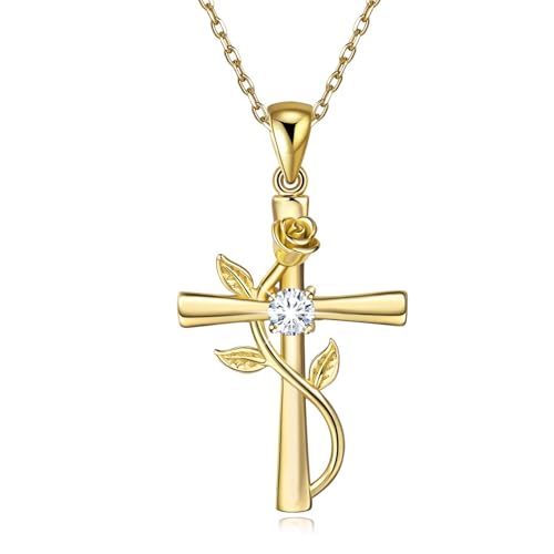 BlingGem Ketten Damen aus Gelbgold vergoldet 925 Sterling Silber mit Rundschliff Zirkonia Kreuz Rosen-Blume Anhänger Halskette Frauen,18 Inch BlingGem Ketten Damen aus Gelbgold vergoldet 925 Sterling Silber mit Rundschliff Zirkonia Kreuz Rosen-Blume Anhänger Halskette Frauen,18 Inch von BlingGem