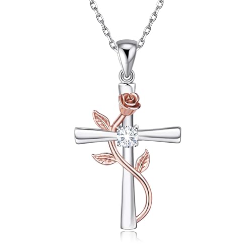BlingGem Ketten Damen aus Weißgold vergoldet 925 Sterling Silber mit Rundschliff Zirkonia Kreuz Rosen-Blume Anhänger Halskette Frauen,18 Inch BlingGem Ketten Damen aus Weißgold vergoldet 925 Sterling Silber mit Rundschliff Zirkonia Kreuz Rosen-Blume Anhänger Halskette Frauen,18 Inch von BlingGem