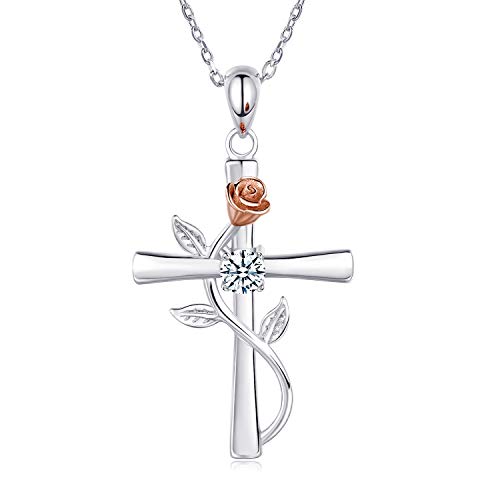 BlingGem Kreuz Ketten für Damen 925 Sterling Silber April Geburtsstein Halskette Rosen Anhänger 5A Zirkonia Jahrestag Geburtstag Muttertag Geschenk für Frauen Mutter von BlingGem
