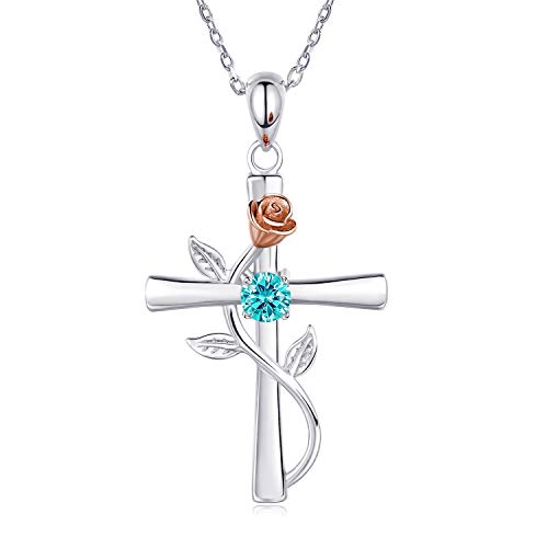 BlingGem Kreuz Ketten für Damen 925 Sterling Silber Dezember Geburtsstein Halskette Rosen Anhänger 5A Zirkonia Jahrestag Geburtstag Muttertag Geschenk für Frauen Mutter von BlingGem