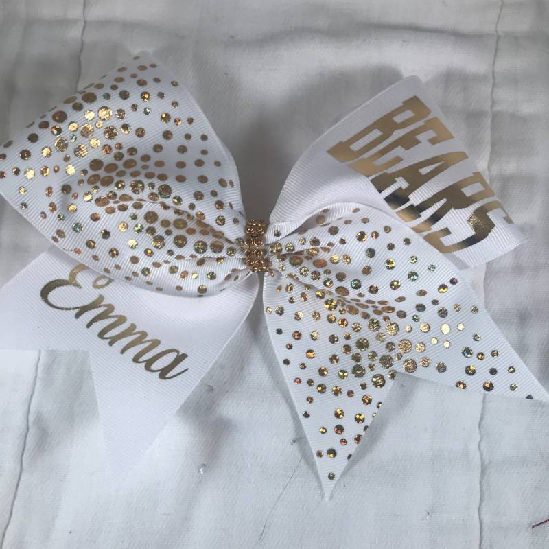 Custom Cheer Bow in Weiss Mit Gold Holographic Dots, So Elegant von BlingItOnCheerBowz