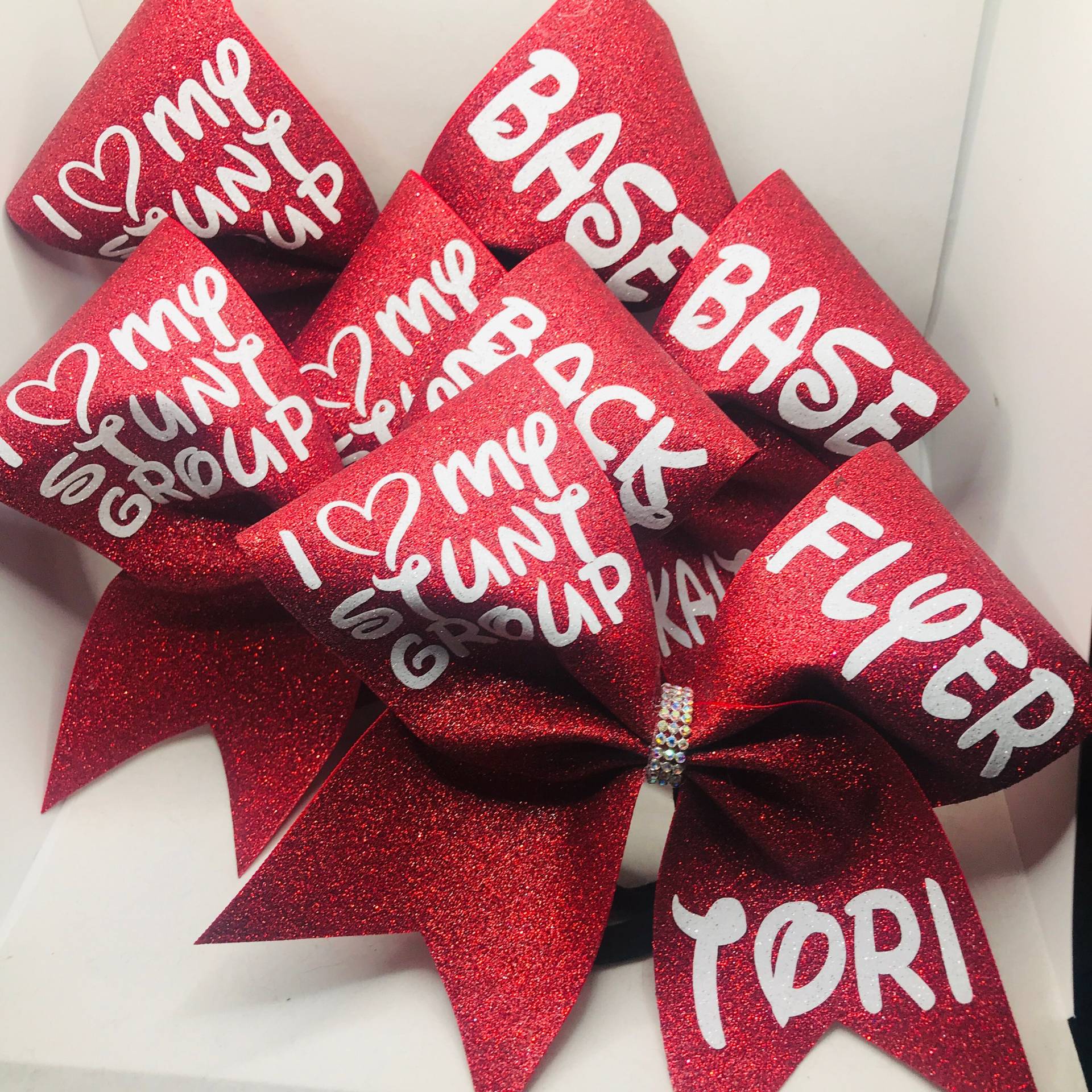 Ich Liebe Meine Stuntgruppe Cheer Bow - Stunt-Gruppenbogen Flyer Basis-Rückenfleck Jede Farbband Und Jede Farbe Glitzer von BlingItOnCheerBowz