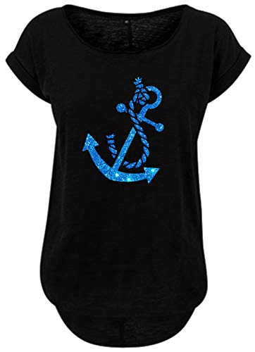 BlingelingShirts Damen Fun Shirt Anker Damen blau Glitzer Anchor maritim Segeln Seefahrt Schiff Hafen. schwarz. Gr. 2XL Evi von BLINGELING