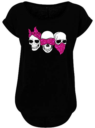 BlingelingShirts Damen Fun Shirt Glitzer Totenkopf 3 Skulls Nicht sehen Nicht hören Nichts Sagen Totenköpfe Skull mit pink. schwarz. Gr. XL Evi von BlingelingShirts