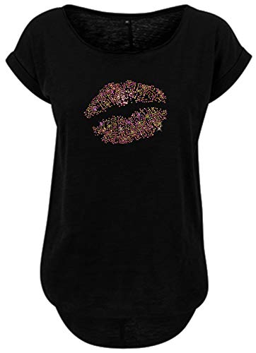 BlingelingShirts Damen Fun Shirt Kussmund Rainbow Strass Mund Glitzer Regenbogen Lippen JGA Party Malle CSD Shirt. schwarz. Gr. 2XL Evi von BLINGELING