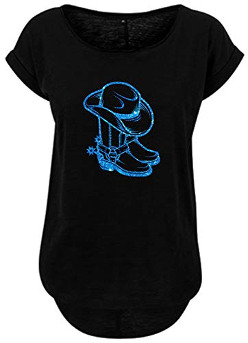 BlingelingShirts Damen Fun Shirt Line Dance glitzernder Cowboystiefel und Hut in blau Glitzer Line Dancing Westernshirt. schwarz. Gr. 2XL Evi von BLINGELING