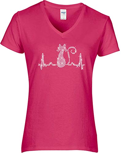 BlingelingShirts Damen Fun Shirt Strass Katze kristall mit Herzschlaglinie EKG Heartbeat. pink. Gr. L von BlingelingShirts