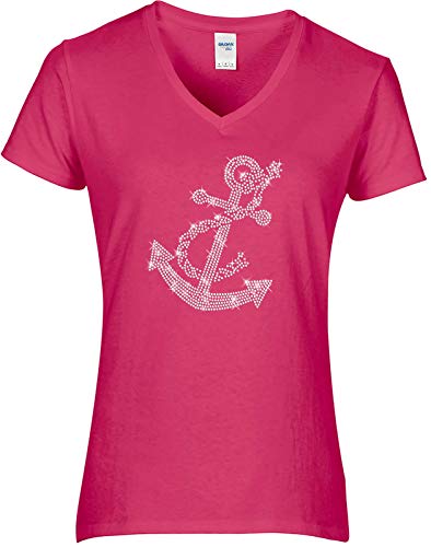 BlingelingShirts Damen Fun Shirt Strass großer Anker kristall maritim Anchor. pink. Gr. L von BlingelingShirts