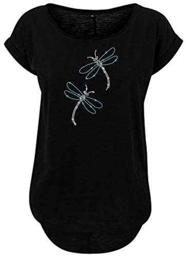 BlingelingShirts Damen Shirt Große Größen 2 kleine Libellen kristall und blau Dragonfly Libelle Glitzer. schwarz. Gr. 3XL Evi von BLINGELING