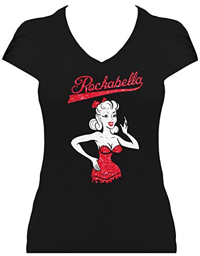 BlingelingShirts Damen Shirt Rockabilly Girl Glitzer zweifarbig mit Rockabella Schriftzug. T-Shirt. Grösse XXL. schwarz von BlingelingShirts