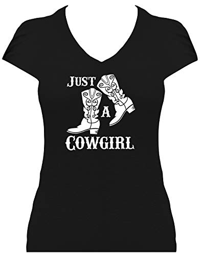 BlingelingShirts Shirt Damen Line Dance Just a Cowgirl with Boots Druck Weiss. T-Shirt. Grösse XXL. schwarz von BlingelingShirts
