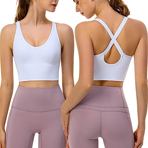 Blingko Bustier Damen Gepolstert Push Up Starker Halt Gekreuzt Rücken Yoga Bra für Gym Lauf Fitness Gepolsterte mit Spaghetti Bra Top Low Support Bra Sport BH Weiss Gepolstert BH mit Breiten Trägern von Blingko