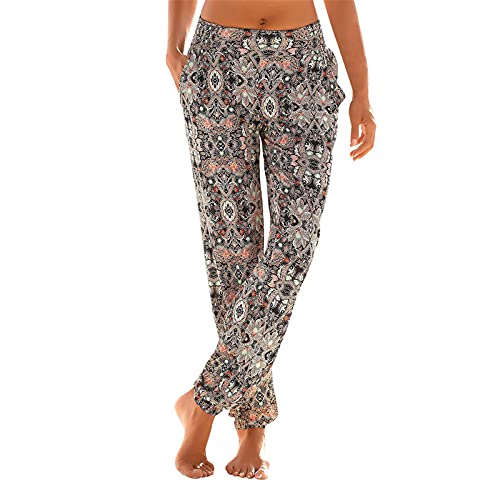 Blingko Damen Leicht Strand Haremshose Aladin Blume Drucken Pumphose Oversize Baggy Blumenmuster Boho Lange Hose Stoffhose Ballonhose Pluderhose Gedruckten Yogahose, XL, mehrfarbig von Blingko