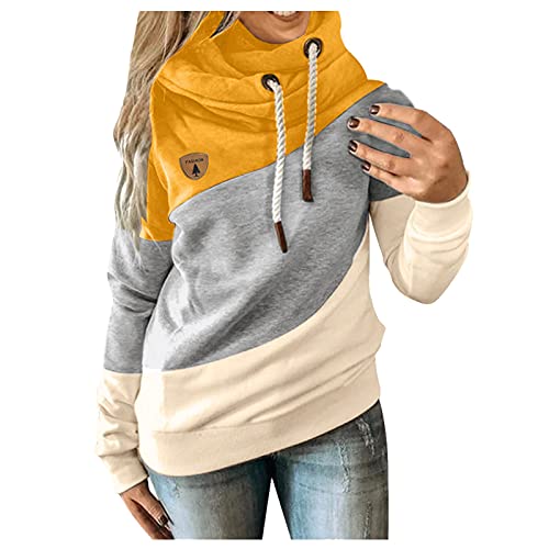 Blingko Damen Pullover mit Kapuze Herbst Winter Sweatshirt Splicing Kapuzenpullover Oversized Bluse Leicht Gemütliche Tops Angenehm Pulli Einstellbar Kordel Streetwear von Blingko