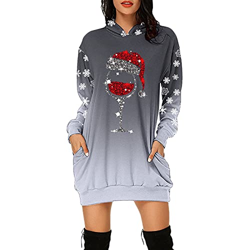 Blingko Damen Weihnachtskleid Lange Ärmel Hoodies Pullover mit Weihnachten Druck Kapuzenjacke Taschen Weihnachtspullover Casual Langarmjacke Hochwertige Sweatshirt Hoodie Kleid von Blingko