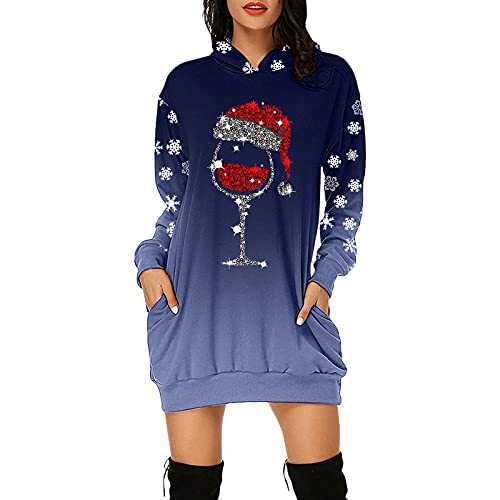 Blingko Damen Weihnachtskleid Lange Ärmel Hoodies Pullover mit Weihnachten Druck Kapuzenjacke Taschen Weihnachtspullover Casual Langarmjacke Hochwertige Sweatshirt Hoodie Kleid von Blingko