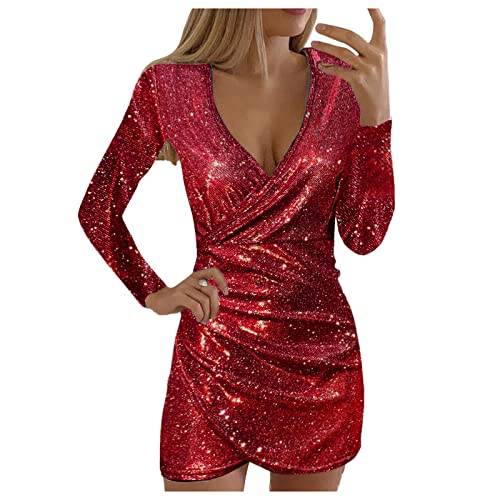 Blingko Kleider Damen Club Outfits Paillettenkleid Vintage Partykleid Langärmelig Glitzer Kleid Abschlusskleid Strickkleider Cocktail Party Kleider Wickelkleid, Rot, S von Blingko