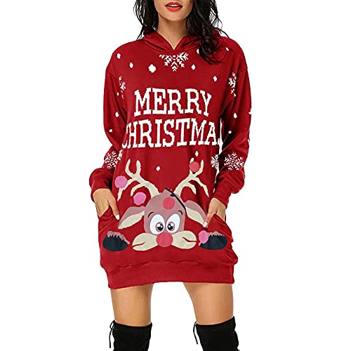 Blingko Kuschelpullover Damen Glitzer Rock Christmas Sweater Weihnachtsoutfit Herbstkleid Kostüm Oversize Winterkleider Einfarbig Pulloverkleid Weihnachten Norweger Pullover, B2*rot4 von Blingko