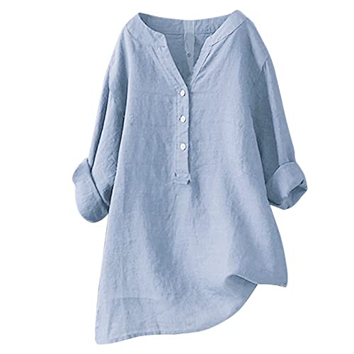 Blingko Leinen Bluse Damen Leinenhemd Button-Down-Bluse Stehkragen Leinenbluse Lose Longshirt Lässiges Oberteile Lang Tops Einfarbig Blusen Hemd Shirt Frühling Sommer Damenbluse Hemdbluse Sommertops von Blingko