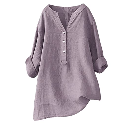 Blingko Leinen Bluse Damen Leinenhemd Button-Down-Bluse Stehkragen Leinenbluse Lose Longshirt Lässiges Oberteile Lang Tops Einfarbig Blusen Hemd Shirt Frühling Sommer Damenbluse Hemdbluse Sommertops von Blingko