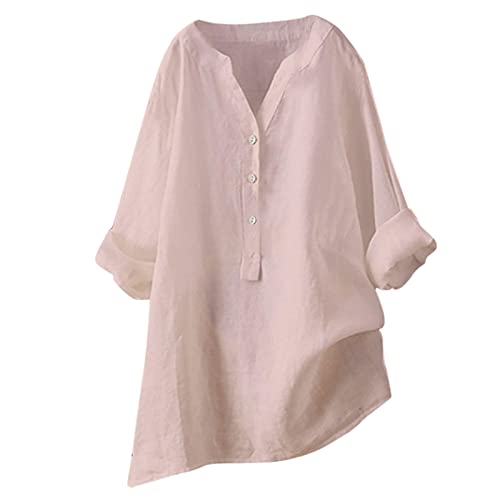 Blingko Leinen Bluse Damen Leinenhemd Button-Down-Bluse Stehkragen Leinenbluse Lose Longshirt Lässiges Oberteile Lang Tops Einfarbig Blusen Hemd Shirt Frühling Sommer Damenbluse Hemdbluse Sommertops von Blingko