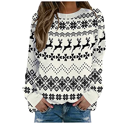 Blingko Norweger Pullover Damen Langarm Rundhals Shirt Herbst Winter Langarm Pullis Lockerer Passt Streetwear Oversized Winterpullover Festival Outfit Damen Weihnachtspullover, Q1*beige6, L von Blingko