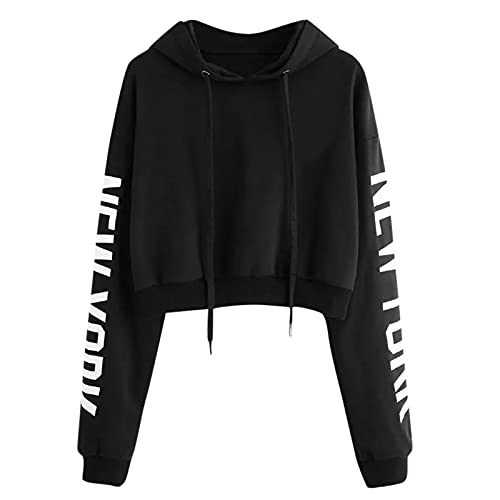 Blingko Pullover Damen Kurz Sweatjacke Cropped Kapuzenjacke Hoodie Cropped Mädchen Bauchfrei mit Kapuze Kurz Jacke Casual Langarm Shirts Kordelzug Oberteil Bluse Tops Streetwear, B*schwarz, XL von Blingko