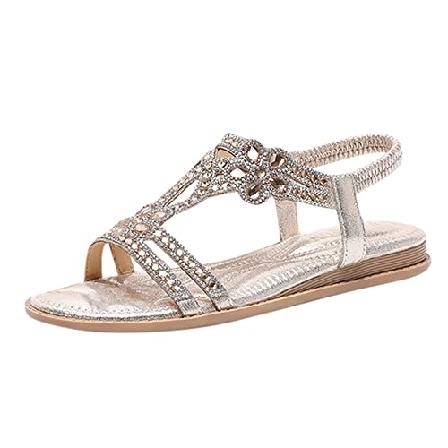 Blingko Sandalen Damen Flach 42 Lässig Riemchensandalen Frauen Mädchen Sandaletten Leicht Sommersandalen Atmungsaktiv Strand Sandale Slide Sandal mit Absatz Weiß, Z9 Gold, 39 EU von Blingko