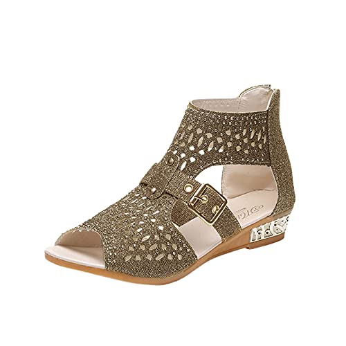 Blingko Sandalen Damen Flach 42 Lässig Riemchensandalen Frauen Mädchen Sandaletten Leicht Bequem Sommersandalen Atmungsaktiv Strand Sandale Slide Sandal mit Absatz Weiß, T Gold, 39 EU von Blingko