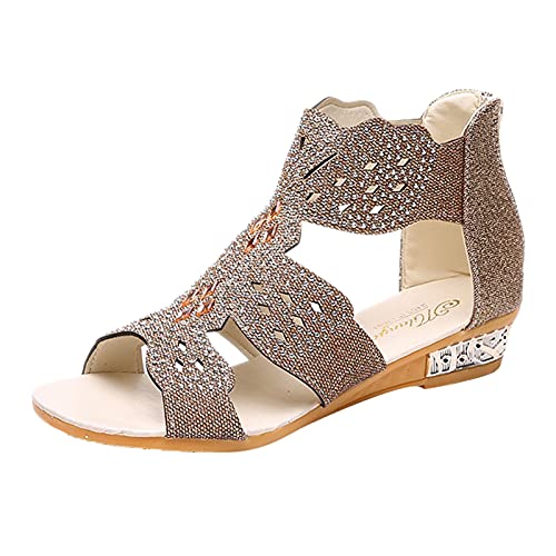 Blingko Sandalen Damen Flach 42 Lässig Riemchensandalen Frauen Mädchen Sandaletten Leicht Bequem Sommersandalen Atmungsaktiv Strand Sandale Slide Sandal mit Absatz Weiß, V Gold, 40 EU von Blingko