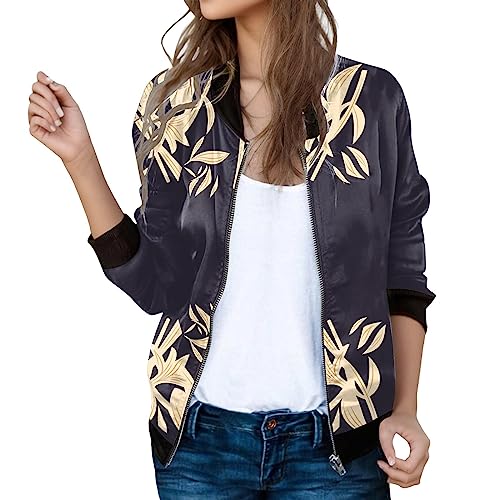 Bomberjacke Damen Damenjacke Elegant Blumenmuster Sommerjacke Light Bomber Jacket Kurze Jeansjacke Seidenblouson Sportliche Übergangsjacke Damen Jacke Sommer von Blingko