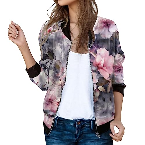 Bomberjacke Damen Damenjacke Elegant Blumenmuster Sommerjacke Light Bomber Jacket Kurze Jeansjacke Seidenblouson Sportliche Übergangsjacke Damen Jacke Sommer von Blingko