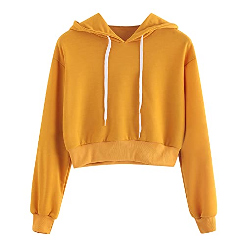 Blingko Damen Kapuzenpullover Kurz Sweatjacke Cropped Kapuzenjacke Hoodie Pullover Mädchen Bauchfrei Sweatshirt mit Kapuze Jacke Casual Langarm Shirts Kordelzug Oberteil Bluse Tops Streetwear, A*gelb von Blingko